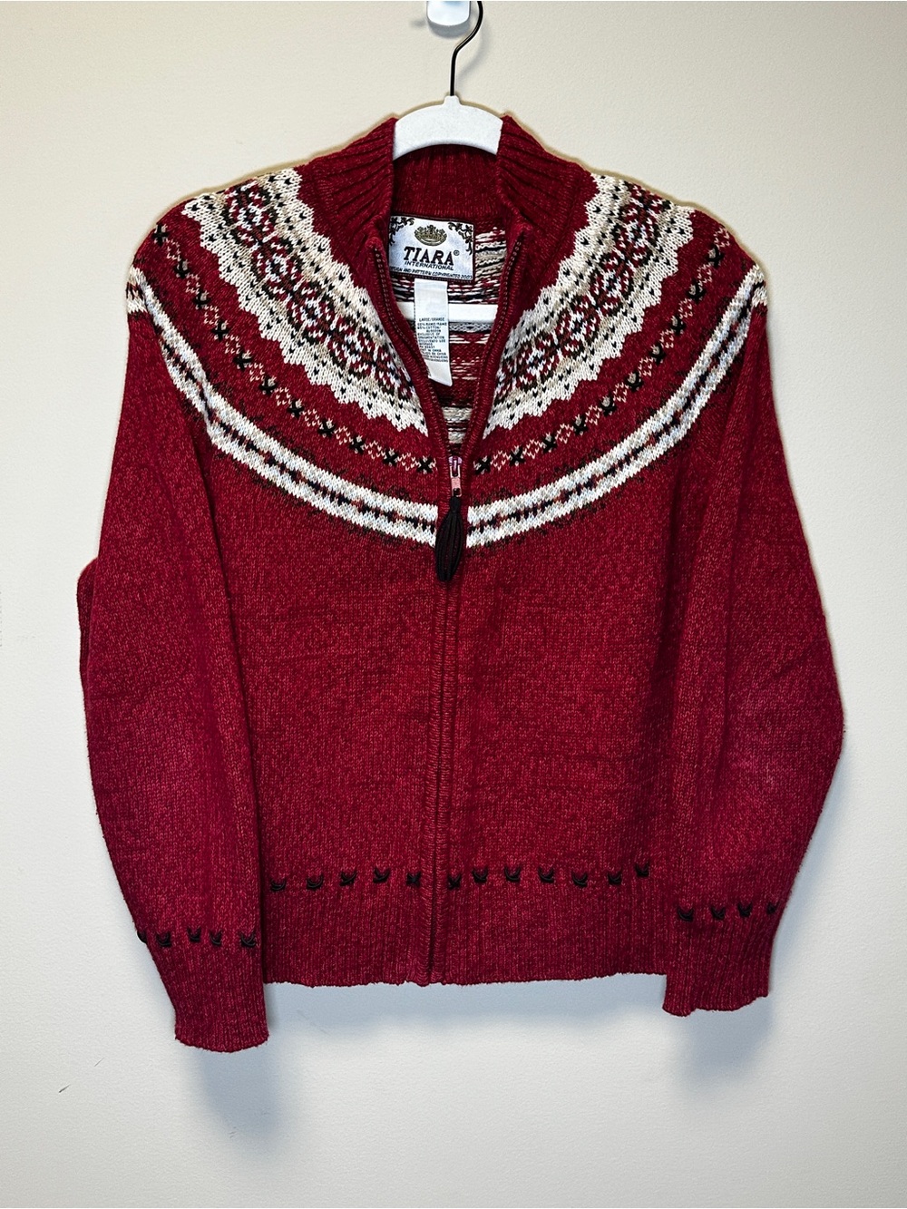 Vintage Tiara Red Zip-Up Nordic Yoke Cardigan with Leather Accents Size L